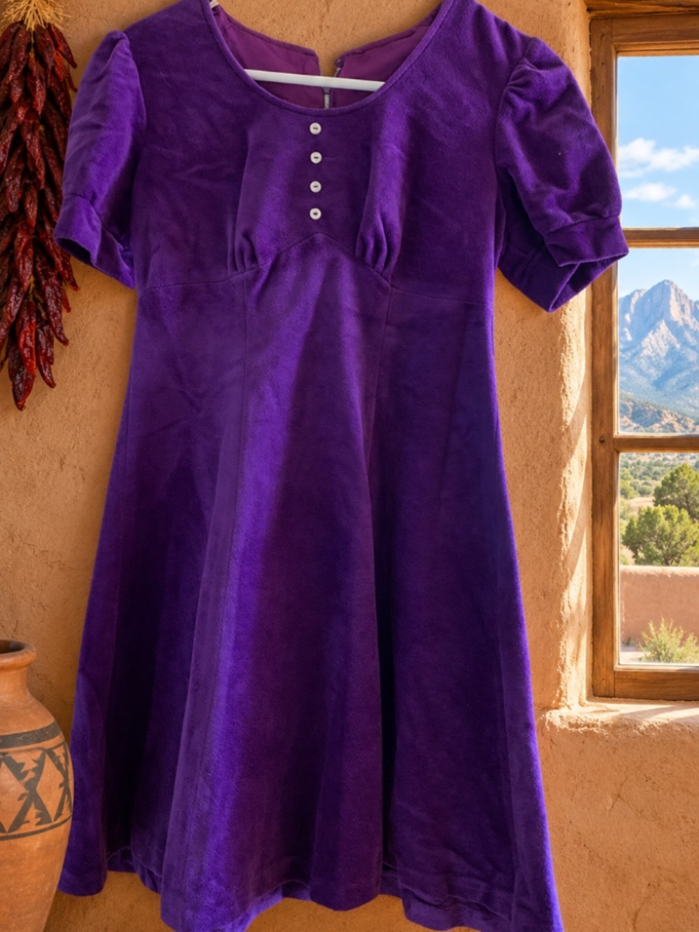 Vintage 1960s–70s Purple Velour Puff Sleeve Empire Waist Dress